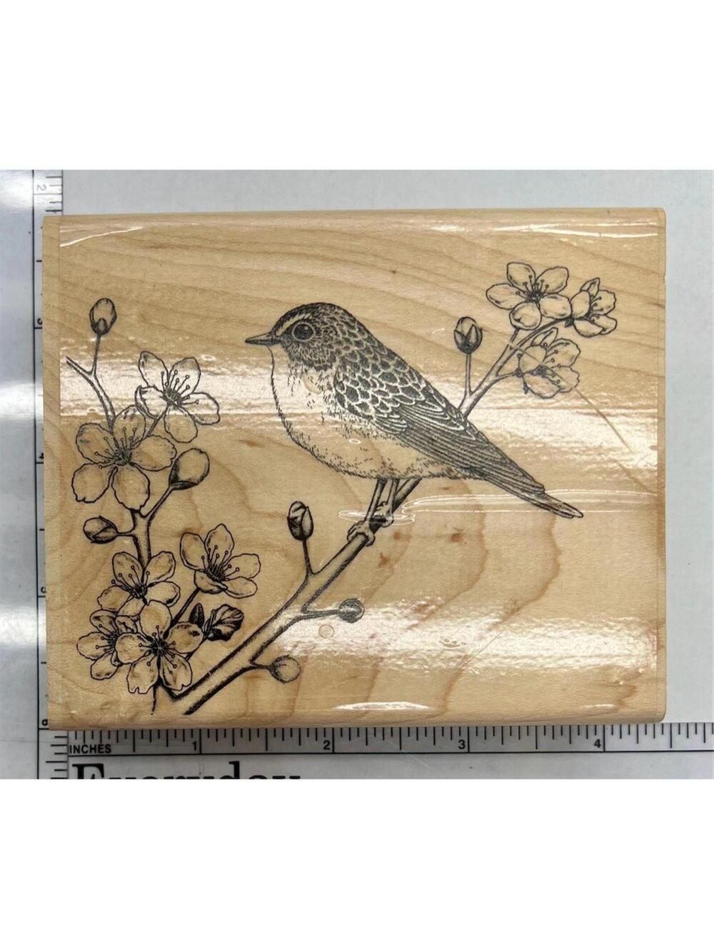 Stampabilities Large Mounted Rubber Stamp Bird on Cherry Blossom Branch Crafting